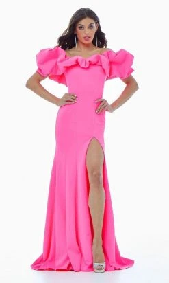 Ashley Lauren - 11017 Puff Ruffle Off-Shoulder High-Slit Mermaid Gown