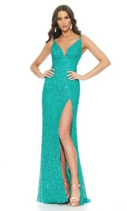 Ashley Lauren - 11037 V-Neck Lace-up Back High Slit Full Sequin Gown