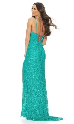 Ashley Lauren - 11037 V-Neck Lace-up Back High Slit Full Sequin Gown