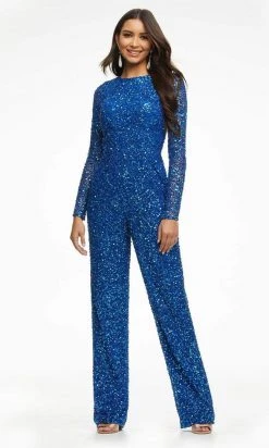Ashley Lauren - 11079 Fully Beaded Sheer Long Sleeve Jumpsuit