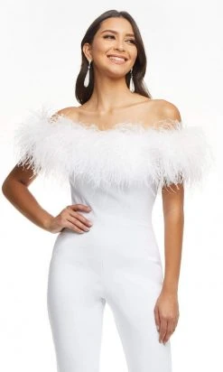 Ashley Lauren - 11100 Feather Neck Off Shoulder Jumpsuit