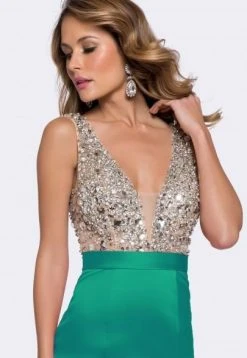 Ashley Lauren - 1149 Deep V-Neck Beaded Evening Dress