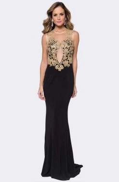 Ashley Lauren - 1186 Gold Embroidered Illusion Jewel Sheath Dress