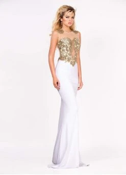 Ashley Lauren - 1186 Gold Embroidered Illusion Jewel Sheath Dress