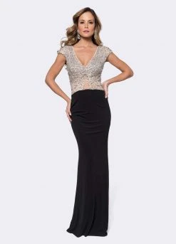 Ashley Lauren - 1188 Crystal Beaded Deep V-neck Sheath Dress