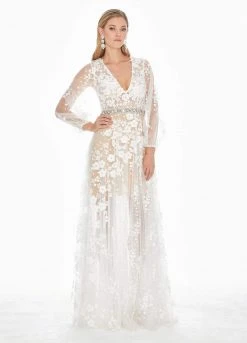 Ashley Lauren - 1338 Floral Applique Plunging V-neck A-line Dress