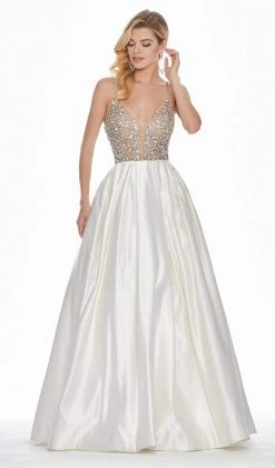 Ashley Lauren - 1389 Crystal Beaded V-Neck Satin Gown