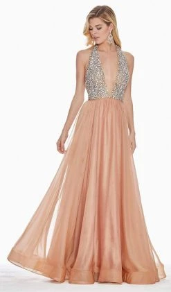 Ashley Lauren - 1391 Crystal Crusted Plunging Halter Chiffon Gown