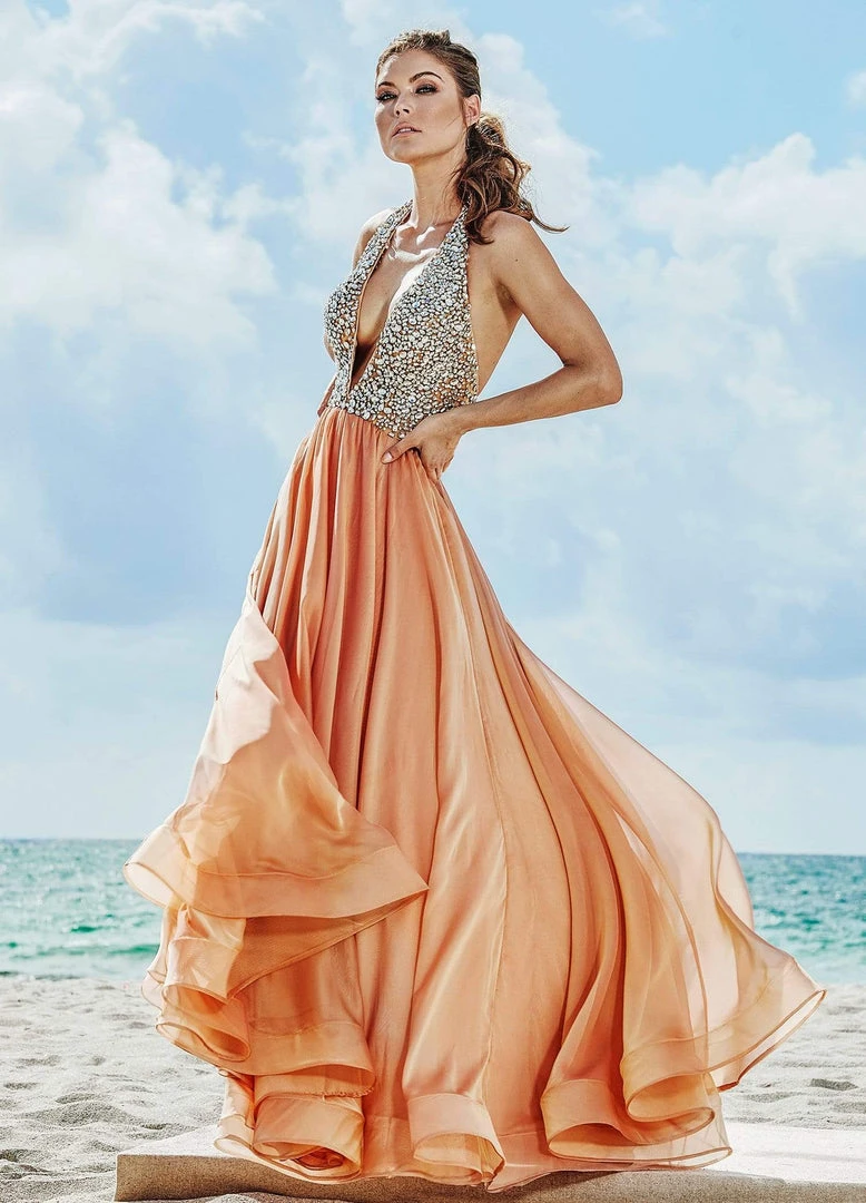 Ashley Lauren - 1391 Crystal Crusted Plunging Halter Chiffon Gown 6 Ashley Lauren - 1391 Crystal Crusted Plunging Halter Chiffon Gown
