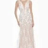Ashley Lauren - 1392 Illusion Plunging Neck Embroidered Organza A-line Dress - 1 Pc White/Nude In Size 10 Available