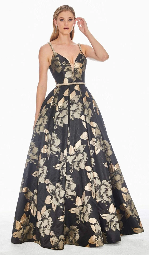 Ashley Lauren - 1395 Deep V-neck Floral Brocade Pleated Ballgown 3 Ashley Lauren - 1395 Deep V-neck Floral Brocade Pleated Ballgown