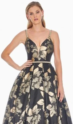 Ashley Lauren - 1395 Deep V-neck Floral Brocade Pleated Ballgown 7 Ashley Lauren - 1395 Deep V-neck Floral Brocade Pleated Ballgown