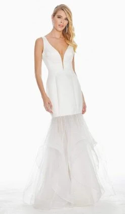 Ashley Lauren - 1403 Satin Organza Deep V-neck Ruffled Trumpet Dress