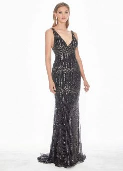 Ashley Lauren - 1420 Beaded Plunging V-Neck Evening Dress