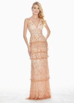 Ashley Lauren - 1422 Beaded Tiered Plunging V-Neck Dress