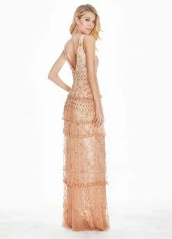 Ashley Lauren - 1422 Beaded Tiered Plunging V-Neck Dress