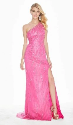 Ashley Lauren - 1428 Beaded One Shoulder Sheath Dress With Train