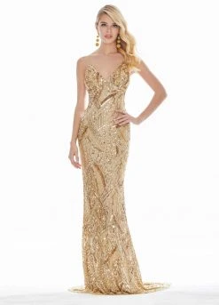 Ashley Lauren - 1446 Bedazzled V-neck Sheath Dress With Train