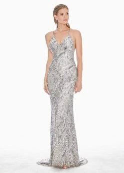 Ashley Lauren - 1446 Bedazzled V-neck Sheath Dress With Train