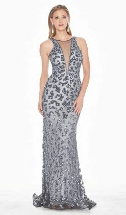 Ashley Lauren - 1447 Bedazzled Halter Fitted Dress With Train
