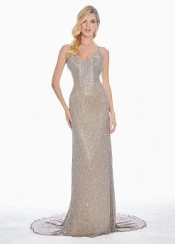 Ashley Lauren - 1451 Beaded Fringe V-Neck Dress