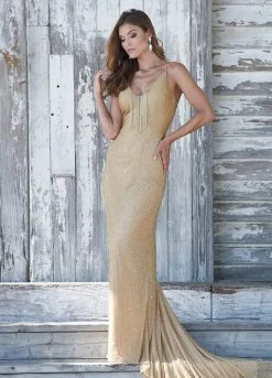 Ashley Lauren - 1451 Beaded Fringe V-Neck Dress