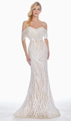 Ashley Lauren - 1521 Fringe Off-Shoulder Trumpet Dress