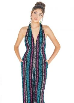 Ashley Lauren - 1616 Beaded Striped Deep V-neck Jumpsuit 9 Ashley Lauren - 1616 Beaded Striped Deep V-neck Jumpsuit