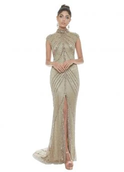 Ashley Lauren - 1624 Embellished High Neck Dress With Slit