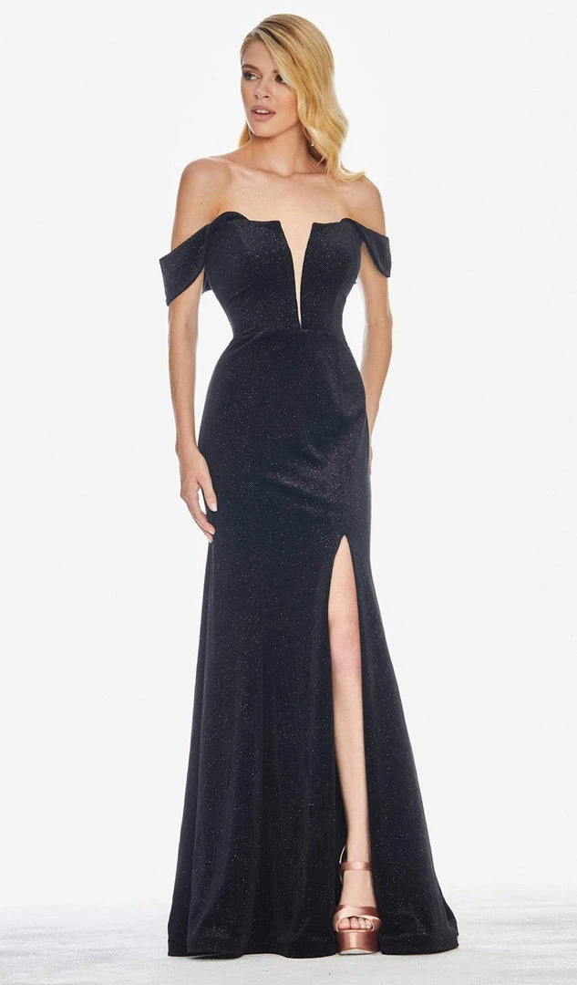 Ashley Lauren - 1669 Plunging Off-Shoulder Glitter Velvet Dress 3 Ashley Lauren - 1669 Plunging Off-Shoulder Glitter Velvet Dress