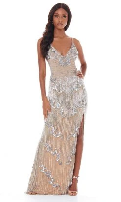 Ashley Lauren - 1817X Beaded Fringe Plunging V Neck Dress