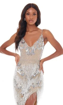 Ashley Lauren - 1817X Beaded Fringe Plunging V Neck Dress 7 Ashley Lauren - 1817X Beaded Fringe Plunging V Neck Dress
