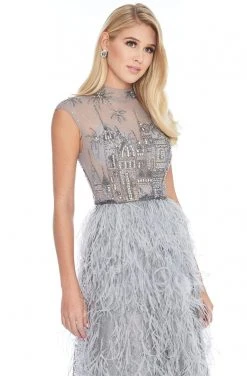 Ashley Lauren - 1886 Embroidered High Neck Feathered A-line Dress
