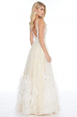 Ashley Lauren - 1902 Beaded Deep V-neck Feathered A-line Gown