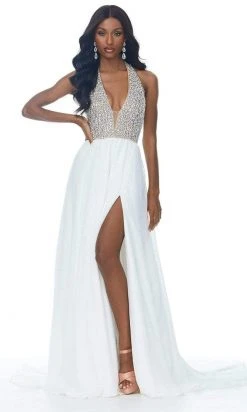 Ashley Lauren - 1989 Plunging Halter A-Line Gown With Slit