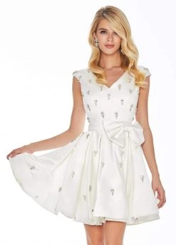 Ashley Lauren - 4080 Beaded Cap Sleeve Bow-Ornate Satin Dress
