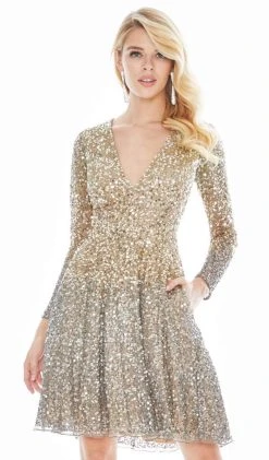 Ashley Lauren - 4124 Ombre Sequined Plunging V-neck A-line Dress