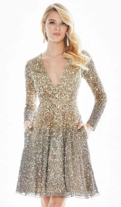 Ashley Lauren - 4124 Ombre Sequined Plunging V-neck A-line Dress