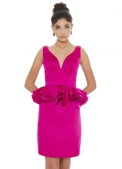 Ashley Lauren - 4217 V-neck Satin Peplum Column Dress