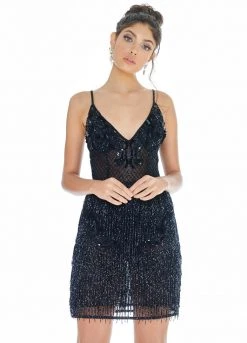 Ashley Lauren - 4261 Bead-Fringed Cocktail Sheer Dress