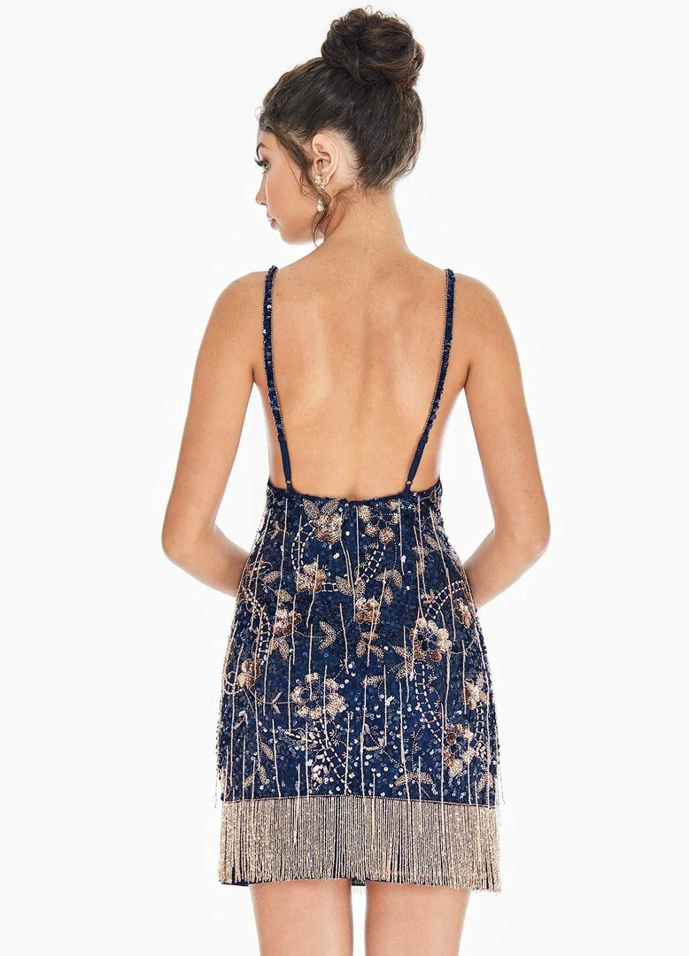 Ashley Lauren - 4268 Bedazzled Deep V-neck Fringe Fitted Dress 4 Ashley Lauren - 4268 Bedazzled Deep V-neck Fringe Fitted Dress