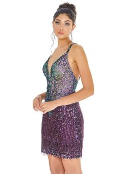 Ashley Lauren - 4276 Beaded Plunging V-neck Fringe Sheath Dress