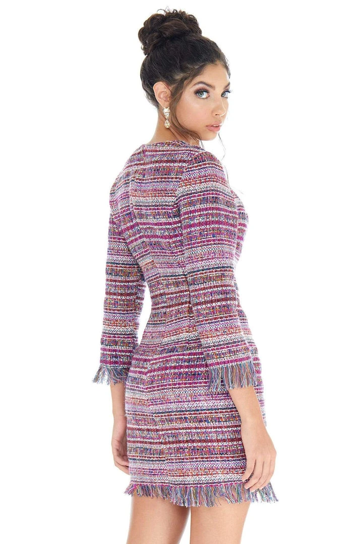 Ashley Lauren - 4283 Quarter Length Sleeve Tweed Fringe Dress 4 Ashley Lauren - 4283 Quarter Length Sleeve Tweed Fringe Dress