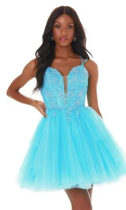 Ashley Lauren - 4299 Embroidered Deep V Neck Tulle A-line Dress