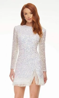 Ashley Lauren - 4438 Beaded Long Sleeve Fringe Sheath Dress