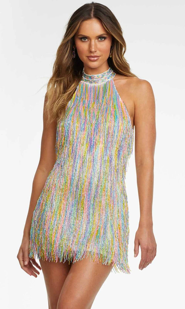 Ashley Lauren - 4486 Halter Rainbow Fringe Short Dress 3 Ashley Lauren - 4486 Halter Rainbow Fringe Short Dress