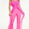 Ashley Lauren - Strapless Feather Overskirt Jumpsuit
