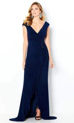 Cameron Blake By Mon Cheri - 220634 V Neck Ruffle Drape Jersey Gown