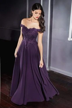 Cinderella Divine - 7258 Flowy Chiffon Lace Embellished A-Line Gown