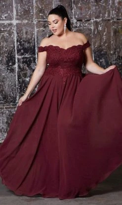 Cinderella Divine - 7258 Flowy Chiffon Lace Embellished A-Line Gown